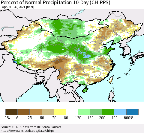 China, Mongolia and Taiwan Percent of Normal Precipitation 10-Day (CHIRPS) Thematic Map For 4/21/2021 - 4/30/2021