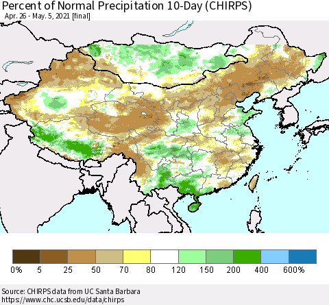 China, Mongolia and Taiwan Percent of Normal Precipitation 10-Day (CHIRPS) Thematic Map For 4/26/2021 - 5/5/2021