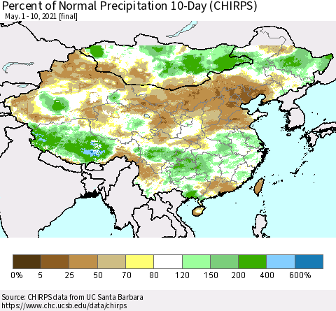 China, Mongolia and Taiwan Percent of Normal Precipitation 10-Day (CHIRPS) Thematic Map For 5/1/2021 - 5/10/2021