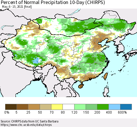 China, Mongolia and Taiwan Percent of Normal Precipitation 10-Day (CHIRPS) Thematic Map For 5/6/2021 - 5/15/2021