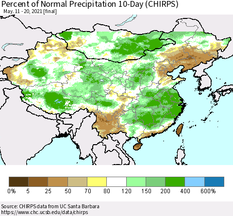 China, Mongolia and Taiwan Percent of Normal Precipitation 10-Day (CHIRPS) Thematic Map For 5/11/2021 - 5/20/2021
