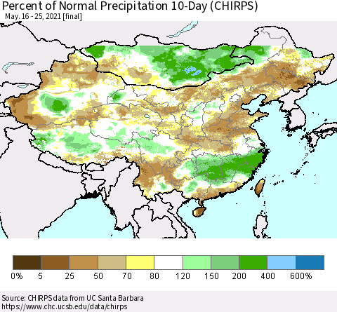China, Mongolia and Taiwan Percent of Normal Precipitation 10-Day (CHIRPS) Thematic Map For 5/16/2021 - 5/25/2021