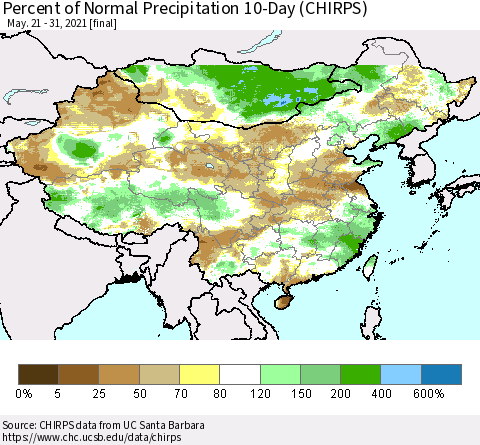 China, Mongolia and Taiwan Percent of Normal Precipitation 10-Day (CHIRPS) Thematic Map For 5/21/2021 - 5/31/2021