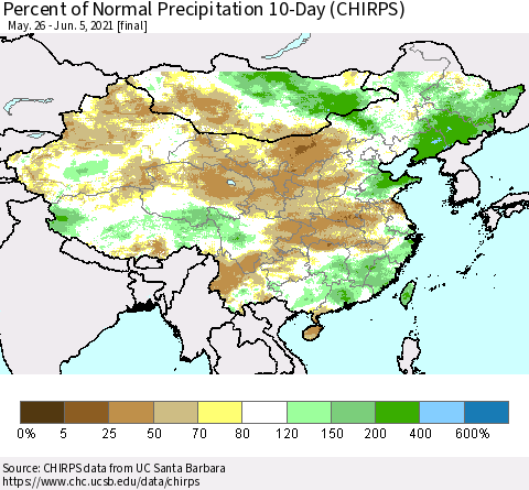 China, Mongolia and Taiwan Percent of Normal Precipitation 10-Day (CHIRPS) Thematic Map For 5/26/2021 - 6/5/2021