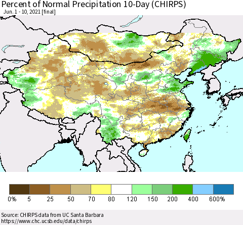 China, Mongolia and Taiwan Percent of Normal Precipitation 10-Day (CHIRPS) Thematic Map For 6/1/2021 - 6/10/2021