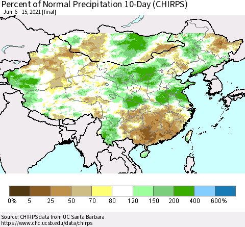 China, Mongolia and Taiwan Percent of Normal Precipitation 10-Day (CHIRPS) Thematic Map For 6/6/2021 - 6/15/2021