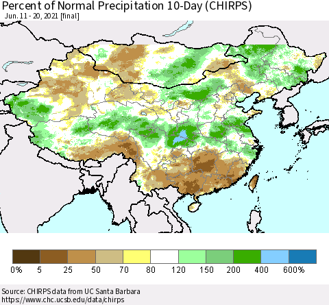 China, Mongolia and Taiwan Percent of Normal Precipitation 10-Day (CHIRPS) Thematic Map For 6/11/2021 - 6/20/2021