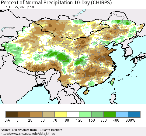 China, Mongolia and Taiwan Percent of Normal Precipitation 10-Day (CHIRPS) Thematic Map For 6/16/2021 - 6/25/2021