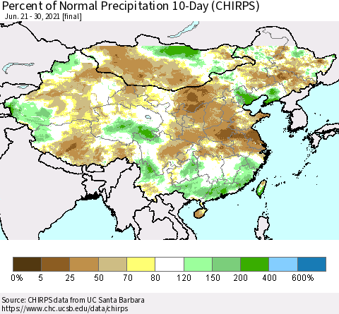China, Mongolia and Taiwan Percent of Normal Precipitation 10-Day (CHIRPS) Thematic Map For 6/21/2021 - 6/30/2021