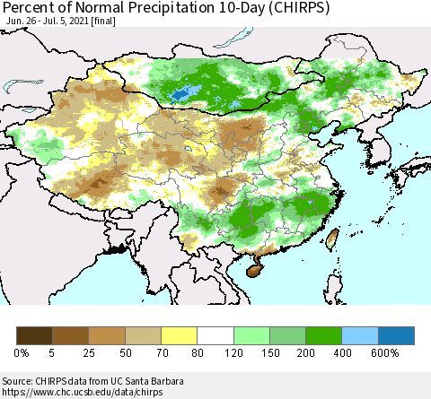 China, Mongolia and Taiwan Percent of Normal Precipitation 10-Day (CHIRPS) Thematic Map For 6/26/2021 - 7/5/2021