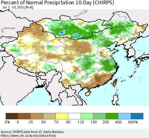 China, Mongolia and Taiwan Percent of Normal Precipitation 10-Day (CHIRPS) Thematic Map For 7/1/2021 - 7/10/2021