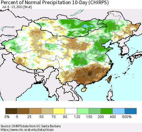 China, Mongolia and Taiwan Percent of Normal Precipitation 10-Day (CHIRPS) Thematic Map For 7/6/2021 - 7/15/2021