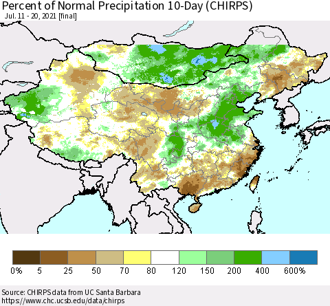 China, Mongolia and Taiwan Percent of Normal Precipitation 10-Day (CHIRPS) Thematic Map For 7/11/2021 - 7/20/2021