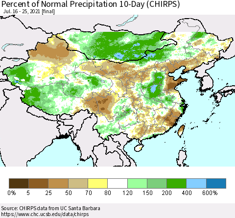 China, Mongolia and Taiwan Percent of Normal Precipitation 10-Day (CHIRPS) Thematic Map For 7/16/2021 - 7/25/2021