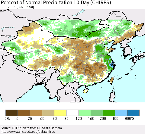 China, Mongolia and Taiwan Percent of Normal Precipitation 10-Day (CHIRPS) Thematic Map For 7/21/2021 - 7/31/2021