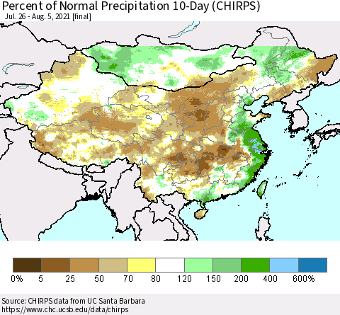 China, Mongolia and Taiwan Percent of Normal Precipitation 10-Day (CHIRPS) Thematic Map For 7/26/2021 - 8/5/2021