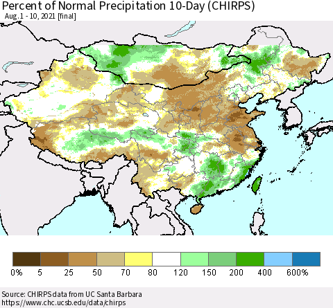 China, Mongolia and Taiwan Percent of Normal Precipitation 10-Day (CHIRPS) Thematic Map For 8/1/2021 - 8/10/2021