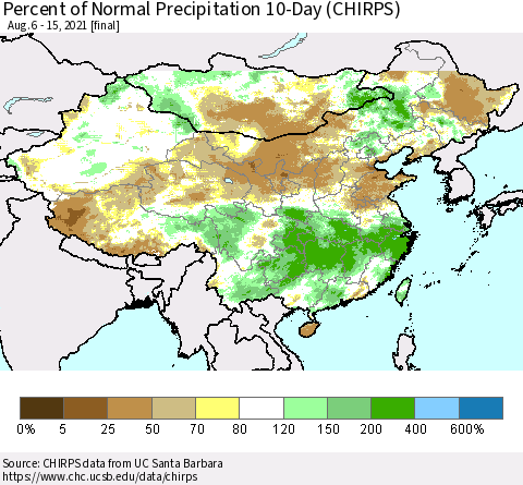 China, Mongolia and Taiwan Percent of Normal Precipitation 10-Day (CHIRPS) Thematic Map For 8/6/2021 - 8/15/2021