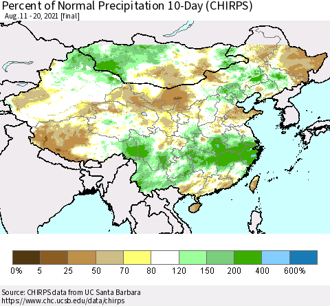 China, Mongolia and Taiwan Percent of Normal Precipitation 10-Day (CHIRPS) Thematic Map For 8/11/2021 - 8/20/2021