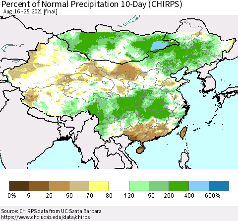 China, Mongolia and Taiwan Percent of Normal Precipitation 10-Day (CHIRPS) Thematic Map For 8/16/2021 - 8/25/2021
