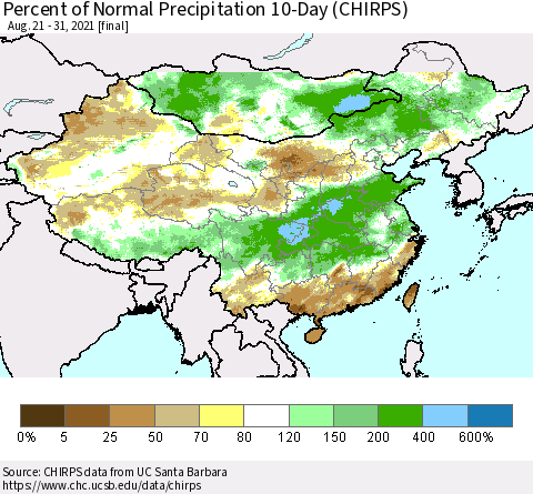 China, Mongolia and Taiwan Percent of Normal Precipitation 10-Day (CHIRPS) Thematic Map For 8/21/2021 - 8/31/2021