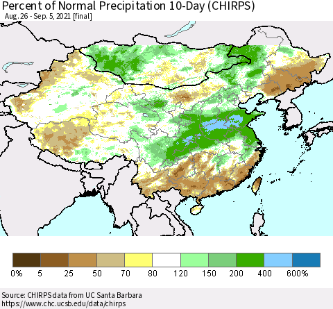 China, Mongolia and Taiwan Percent of Normal Precipitation 10-Day (CHIRPS) Thematic Map For 8/26/2021 - 9/5/2021