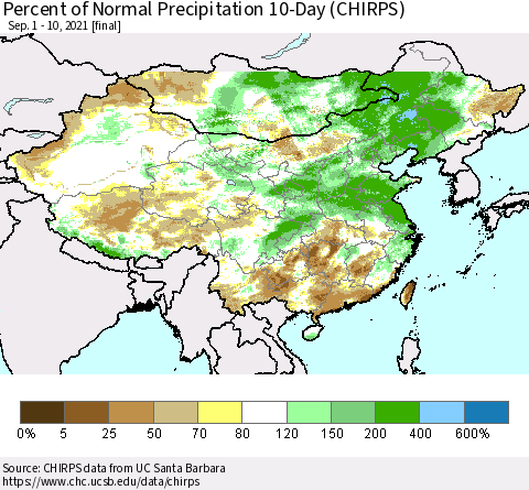 China, Mongolia and Taiwan Percent of Normal Precipitation 10-Day (CHIRPS) Thematic Map For 9/1/2021 - 9/10/2021