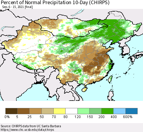 China, Mongolia and Taiwan Percent of Normal Precipitation 10-Day (CHIRPS) Thematic Map For 9/6/2021 - 9/15/2021