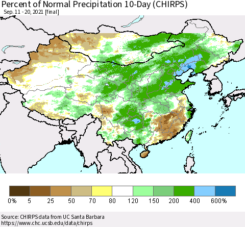 China, Mongolia and Taiwan Percent of Normal Precipitation 10-Day (CHIRPS) Thematic Map For 9/11/2021 - 9/20/2021