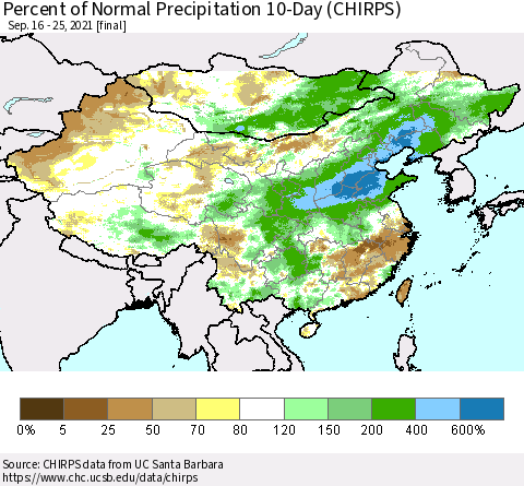 China, Mongolia and Taiwan Percent of Normal Precipitation 10-Day (CHIRPS) Thematic Map For 9/16/2021 - 9/25/2021