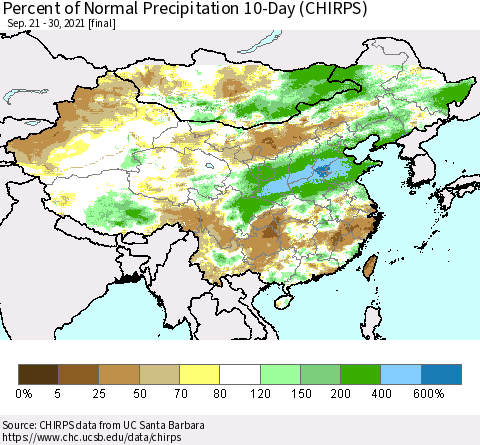 China, Mongolia and Taiwan Percent of Normal Precipitation 10-Day (CHIRPS) Thematic Map For 9/21/2021 - 9/30/2021