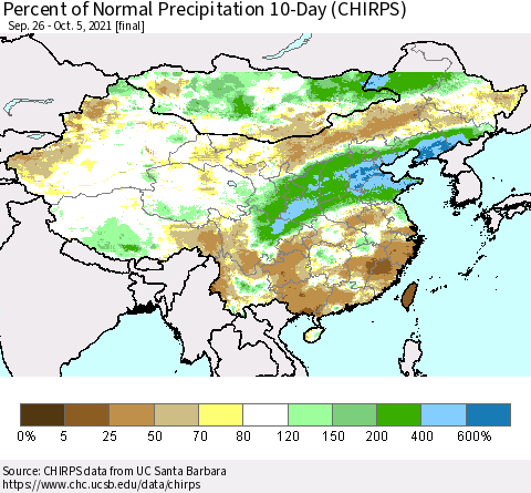 China, Mongolia and Taiwan Percent of Normal Precipitation 10-Day (CHIRPS) Thematic Map For 9/26/2021 - 10/5/2021