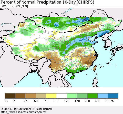 China, Mongolia and Taiwan Percent of Normal Precipitation 10-Day (CHIRPS) Thematic Map For 10/1/2021 - 10/10/2021