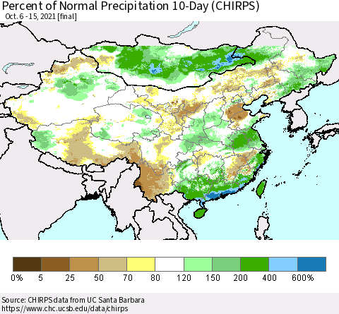 China, Mongolia and Taiwan Percent of Normal Precipitation 10-Day (CHIRPS) Thematic Map For 10/6/2021 - 10/15/2021