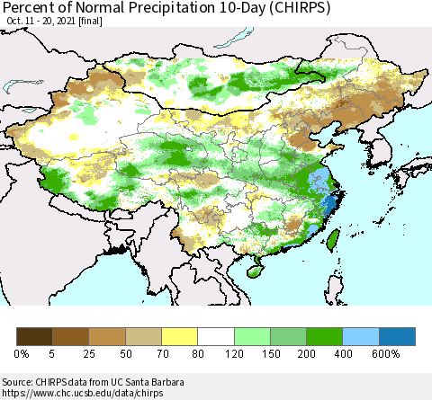China, Mongolia and Taiwan Percent of Normal Precipitation 10-Day (CHIRPS) Thematic Map For 10/11/2021 - 10/20/2021