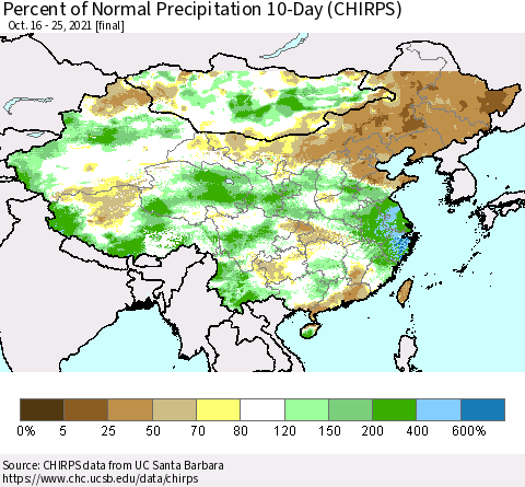 China, Mongolia and Taiwan Percent of Normal Precipitation 10-Day (CHIRPS) Thematic Map For 10/16/2021 - 10/25/2021