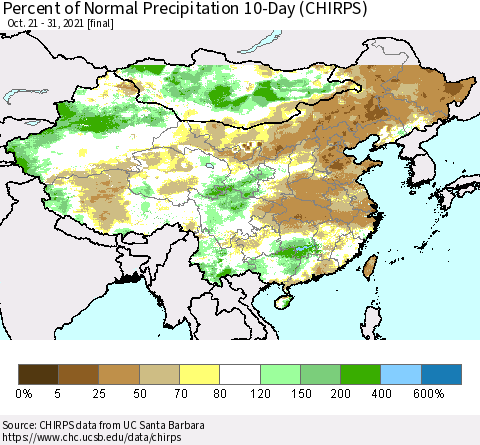 China, Mongolia and Taiwan Percent of Normal Precipitation 10-Day (CHIRPS) Thematic Map For 10/21/2021 - 10/31/2021