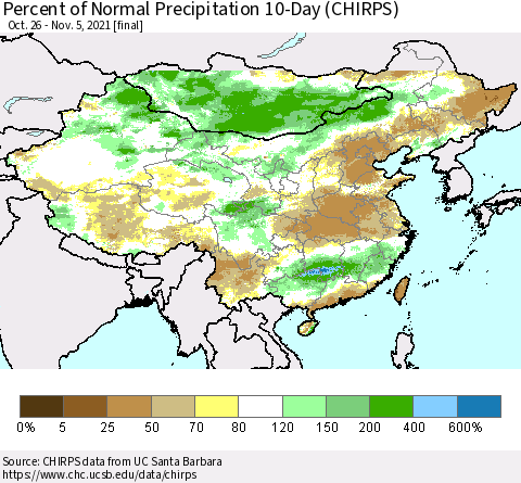 China, Mongolia and Taiwan Percent of Normal Precipitation 10-Day (CHIRPS) Thematic Map For 10/26/2021 - 11/5/2021