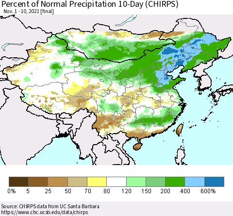China, Mongolia and Taiwan Percent of Normal Precipitation 10-Day (CHIRPS) Thematic Map For 11/1/2021 - 11/10/2021