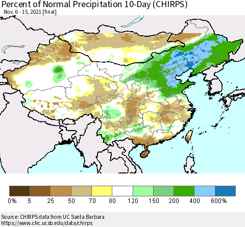 China, Mongolia and Taiwan Percent of Normal Precipitation 10-Day (CHIRPS) Thematic Map For 11/6/2021 - 11/15/2021