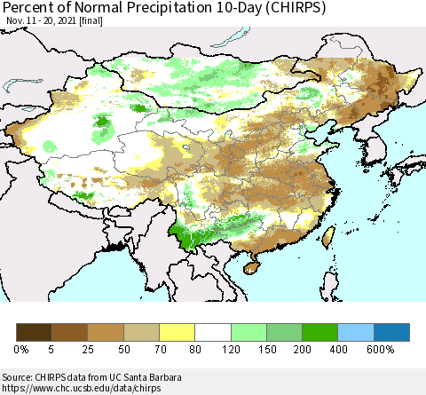 China, Mongolia and Taiwan Percent of Normal Precipitation 10-Day (CHIRPS) Thematic Map For 11/11/2021 - 11/20/2021