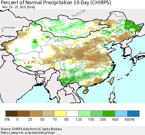 China, Mongolia and Taiwan Percent of Normal Precipitation 10-Day (CHIRPS) Thematic Map For 11/16/2021 - 11/25/2021