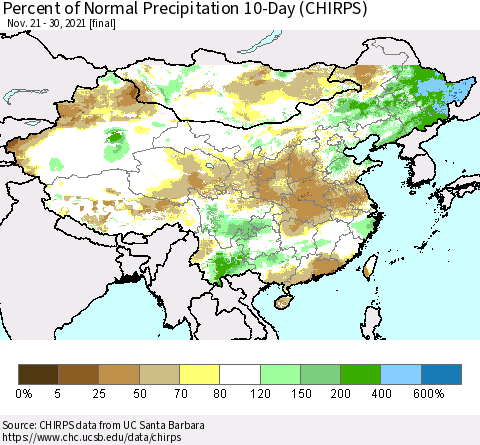 China, Mongolia and Taiwan Percent of Normal Precipitation 10-Day (CHIRPS) Thematic Map For 11/21/2021 - 11/30/2021