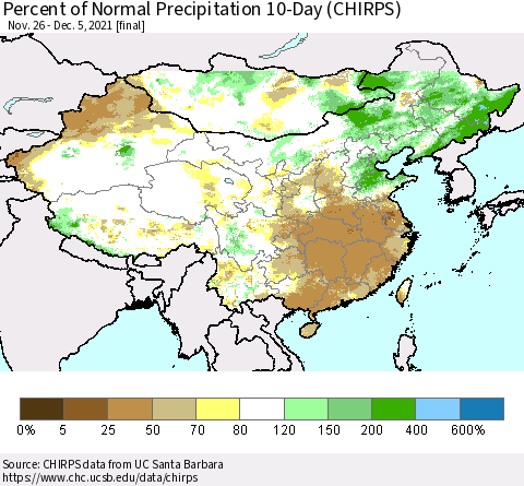 China, Mongolia and Taiwan Percent of Normal Precipitation 10-Day (CHIRPS) Thematic Map For 11/26/2021 - 12/5/2021