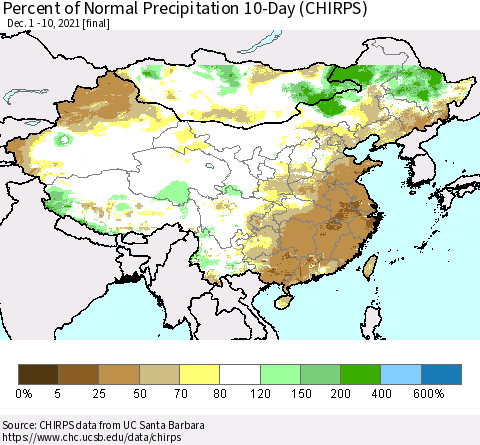 China, Mongolia and Taiwan Percent of Normal Precipitation 10-Day (CHIRPS) Thematic Map For 12/1/2021 - 12/10/2021