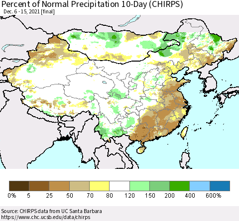 China, Mongolia and Taiwan Percent of Normal Precipitation 10-Day (CHIRPS) Thematic Map For 12/6/2021 - 12/15/2021