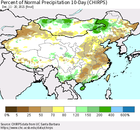 China, Mongolia and Taiwan Percent of Normal Precipitation 10-Day (CHIRPS) Thematic Map For 12/11/2021 - 12/20/2021