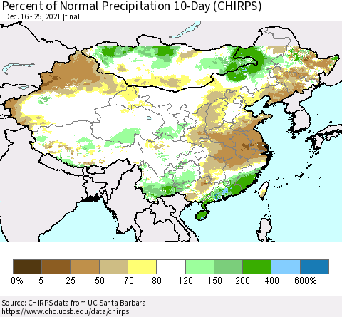 China, Mongolia and Taiwan Percent of Normal Precipitation 10-Day (CHIRPS) Thematic Map For 12/16/2021 - 12/25/2021