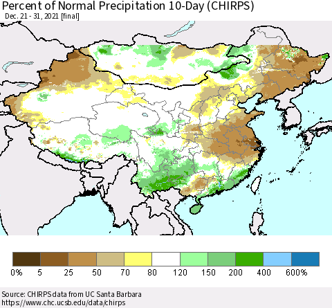 China, Mongolia and Taiwan Percent of Normal Precipitation 10-Day (CHIRPS) Thematic Map For 12/21/2021 - 12/31/2021