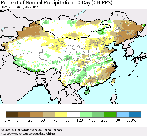 China, Mongolia and Taiwan Percent of Normal Precipitation 10-Day (CHIRPS) Thematic Map For 12/26/2021 - 1/5/2022